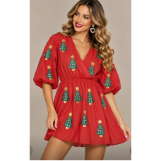 Sequin Dress - Christmas Red Cotton dress with Christmas Tree Embellishments (Size Small)